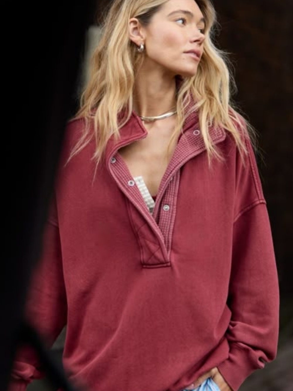 Aerie Getaway Quarter Snap Sweatshirt – Burgundy – Size L